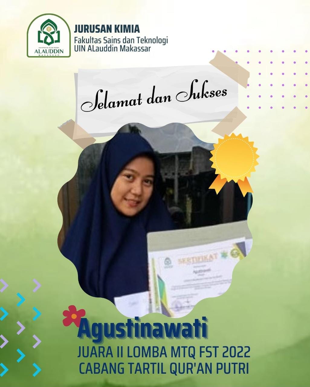 Agustinawati Juara II Lomba MTQ FST 2022 Cabang Tartil Qur'an Putri 