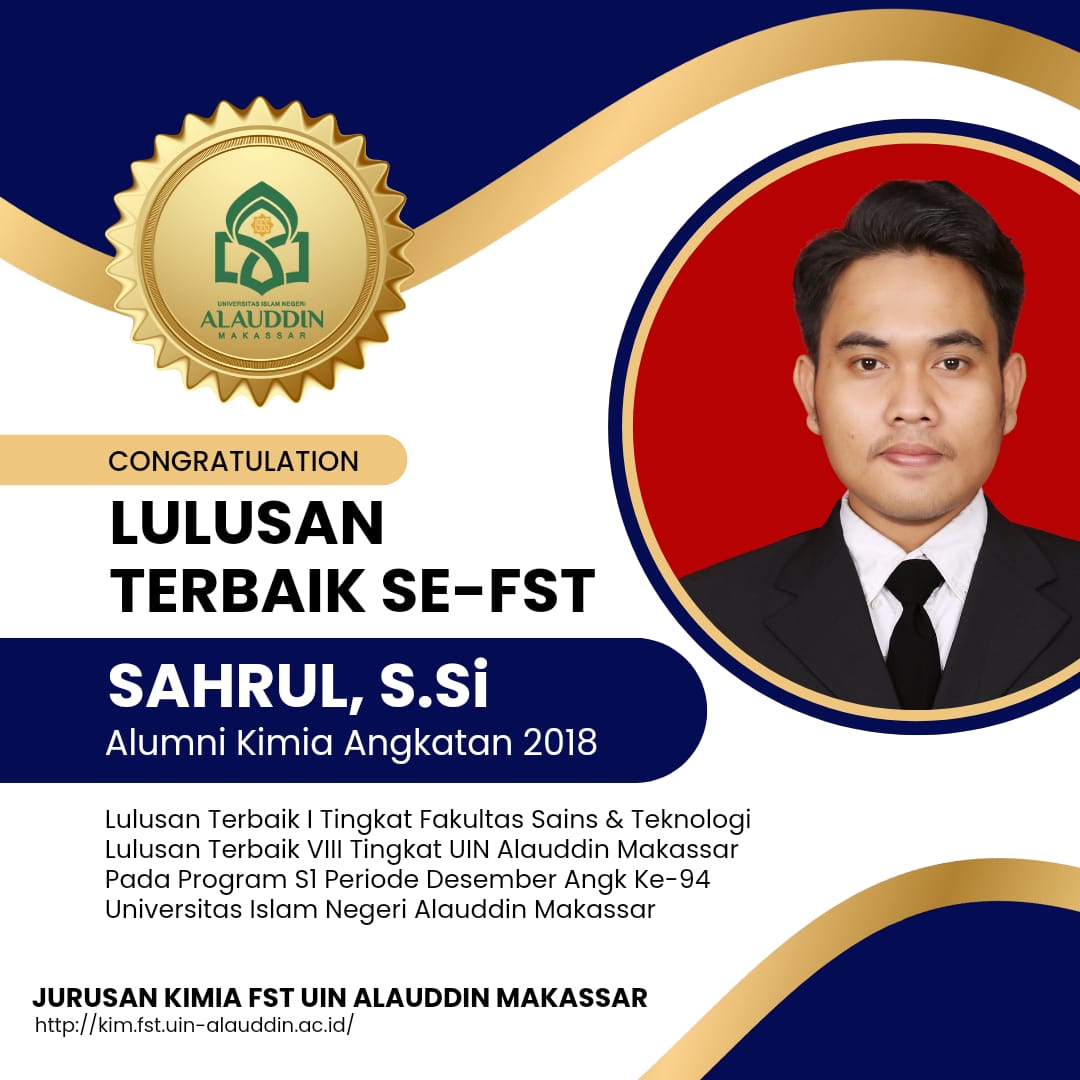 Alumni Kimia Peraih Lulusan Terbaik Fakultas Saintek Periode Desember Angkatan Ke-94 UIN Alauddin Ma